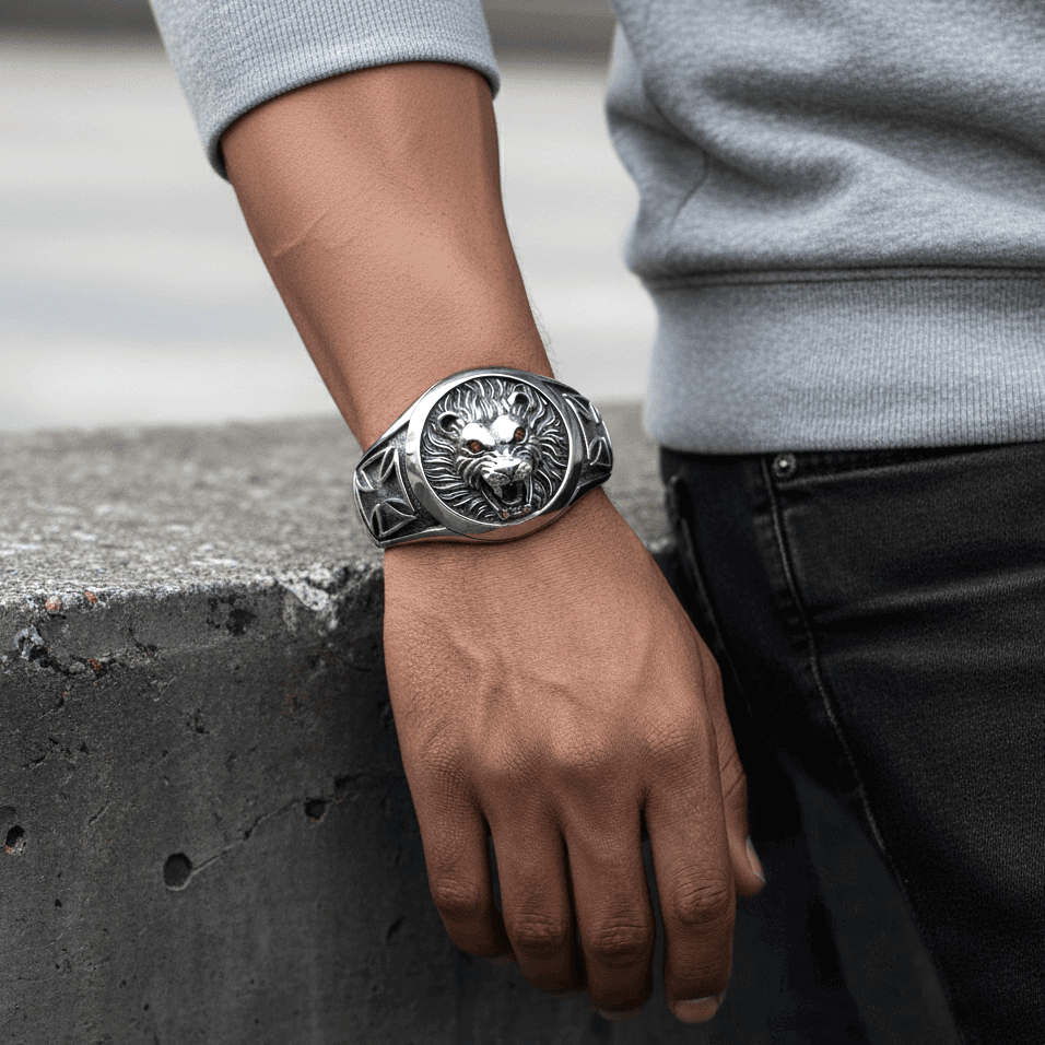 RED EYE LION - Pure Stainless Steel Open Bangle Bracelet (Adjustable) for Men & Boys - THE MEN THING