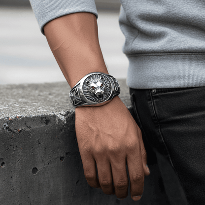 RED EYE LION - Pure Stainless Steel Open Bangle Bracelet (Adjustable) for Men & Boys - THE MEN THING
