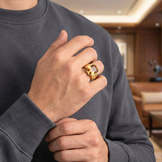 REGAL CITRINE - Pure Stainless Steel Men’s Gold Plated Ring (Size : 27 ) - THE MEN THING