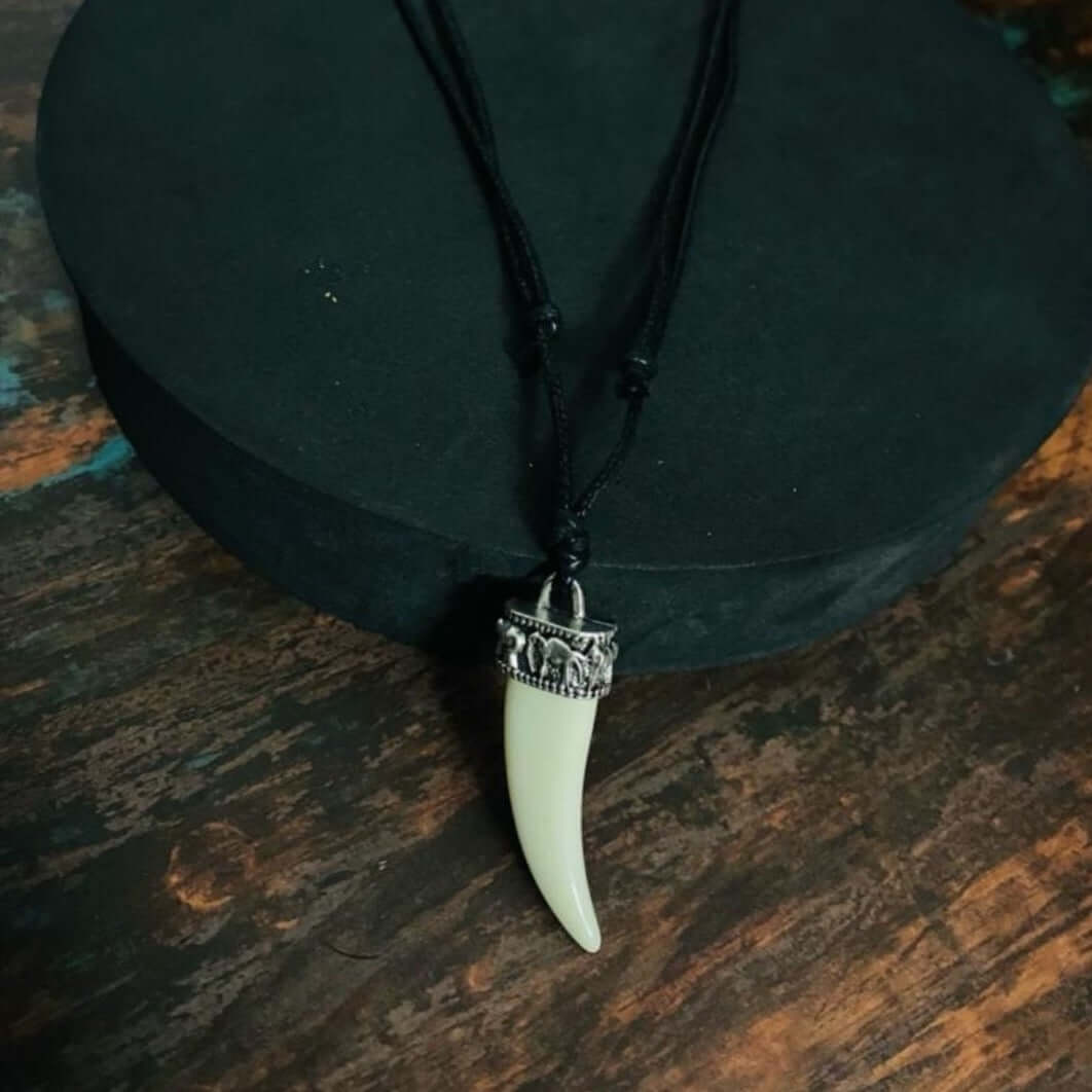 REGAL CROWN - Faux Ivory Tusk Pendant, Antique Silver Crown with Black Cotton Cord Adjustable Necklace for Men and Boys. — Leather Necklace for Men | THE MEN THING