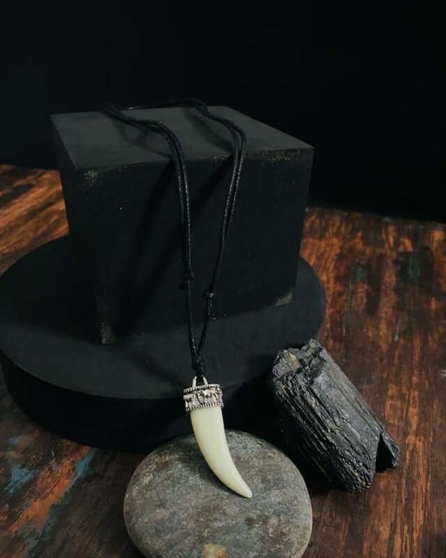 REGAL CROWN - Faux Ivory Tusk Pendant, Antique Silver Crown with Black Cotton Cord Adjustable Necklace for Men and Boys. — Leather Necklace for Men | THE MEN THING