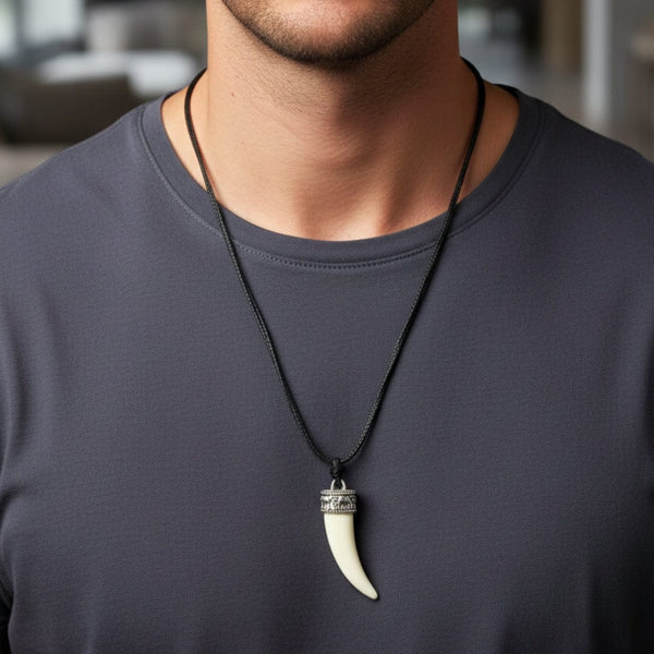 REGAL CROWN - Faux Ivory Tusk Pendant, Antique Silver Crown with Black Cotton Cord Adjustable Necklace for Men and Boys.