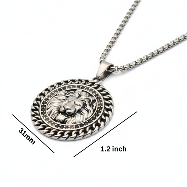 REGAL ROAR - 31mm Titanium Steel Pendant with 24inch Round Box 4mm Chain for Men & Boys