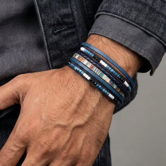 REGALIA - Navy Genuine Braided Leather Bracelet Set for Men & Boys (8 inch) - THE MEN THING