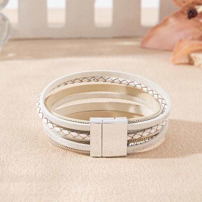 REGALIA - Off White Genuine Braided Leather Bracelet Set for Men & Boys (8 inch) - THE MEN THING