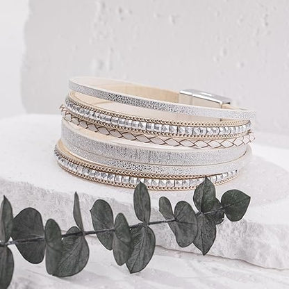REGALIA - Off White Genuine Braided Leather Bracelet Set for Men & Boys (8 inch) - THE MEN THING