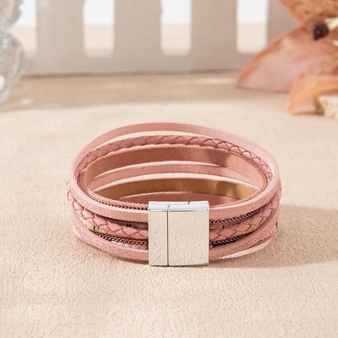 REGALIA - Peach Genuine Braided Leather Bracelet Set for Men & Boys (8 inch) - THE MEN THING