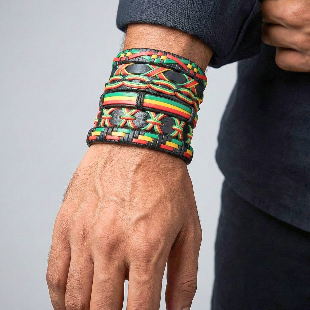 REGGAE - 6 Pcs Genuine Leather Adjustable Bracelet Set for Men & Boys (8 inch) - THE MEN THING