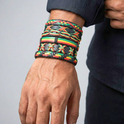 REGGAE - 6 Pcs Genuine Leather Adjustable Bracelet Set for Men & Boys (8 inch) - THE MEN THING