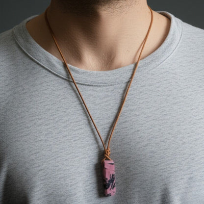 RHODONITE BLOOM - Natural Crystal Unshaped Pendant with Adjustable Rope Chain for Men and Boys — Leather Necklace for Men | THE MEN THING