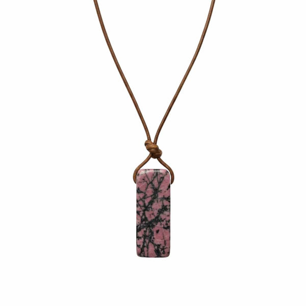 RHODONITE BLOOM - Natural Crystal Unshaped Pendant with Adjustable Rope Chain for Men and Boys