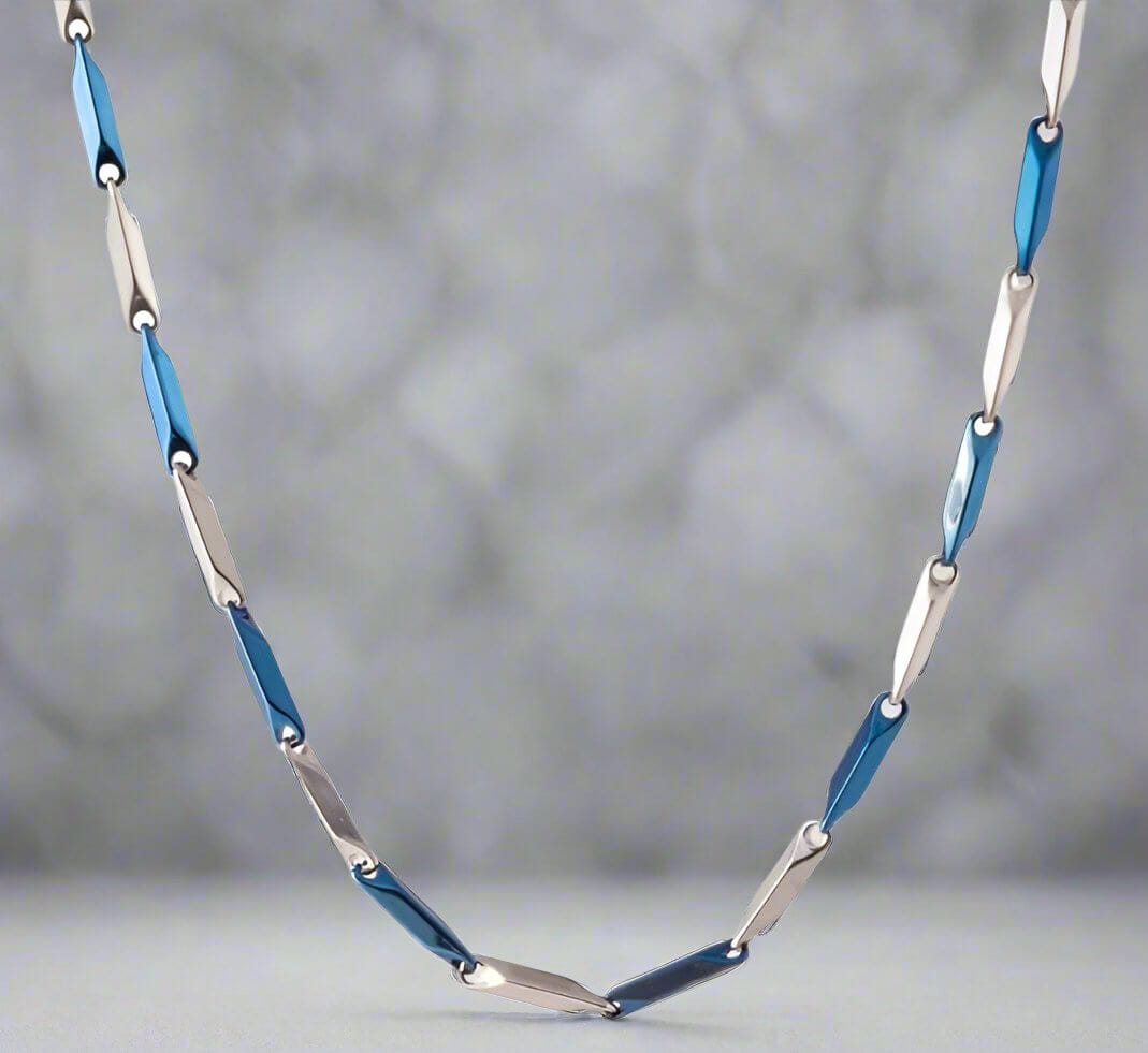 RICE CHAIN - Blue Silver Tone -  Pure Stainless Steel 24inch - European Trending Style for Men & Boy - THE MEN THING