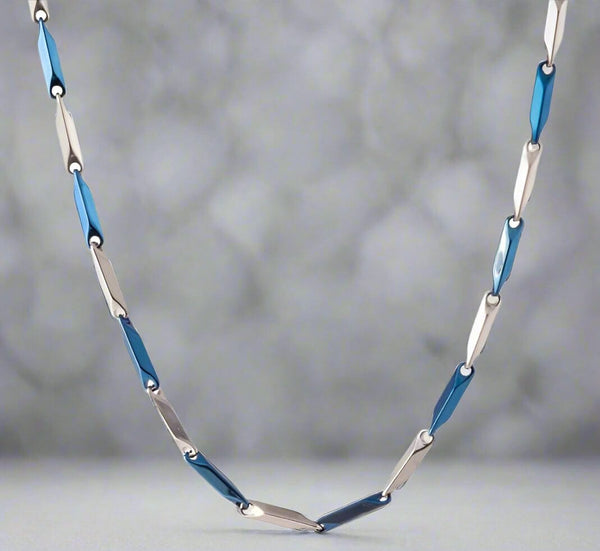 RICE CHAIN - Blue Silver Tone -  Pure Stainless Steel 24inch - European Trending Style for Men & Boy