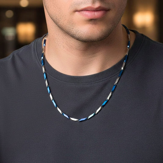 RICE CHAIN - Blue Silver Tone -  Pure Stainless Steel 24inch - European Trending Style for Men & Boy - THE MEN THING