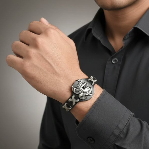 RIDESOUL EAGLE - 17mm Black Genuine Leather Adjustable Bracelet for Men & Boys (9.8 inch)