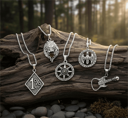 ROADIE’S ARSENAL High Stakes 5-Piece Collector's Pendant Set – SKULL GUITAR, VINTAGE AXE, RUBY FOX, DIRECTIONAL STAR, & 1% - PENDANT Necklaces on 24 Inch Stainless Steel Chain for Mens and Boys - THE MEN THING
