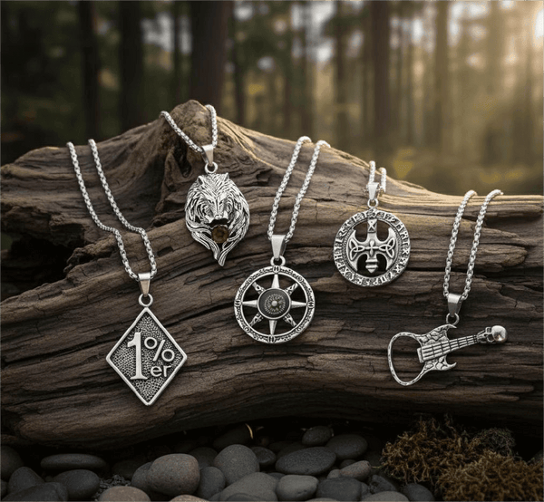 ROADIE’S ARSENAL High Stakes 5-Piece Collector's Pendant Set – SKULL GUITAR, VINTAGE AXE, RUBY FOX, DIRECTIONAL STAR, & 1% - PENDANT Necklaces on 24 Inch Stainless Steel Chain for Mens and Boys