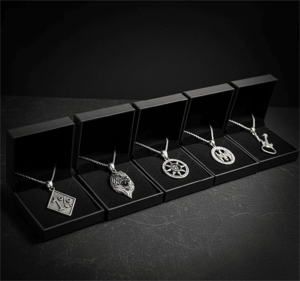 ROADIE’S ARSENAL High Stakes 5-Piece Collector's Pendant Set – SKULL GUITAR, VINTAGE AXE, RUBY FOX, DIRECTIONAL STAR, & 1% - PENDANT Necklaces on 24 Inch Stainless Steel Chain for Mens and Boys - THE MEN THING