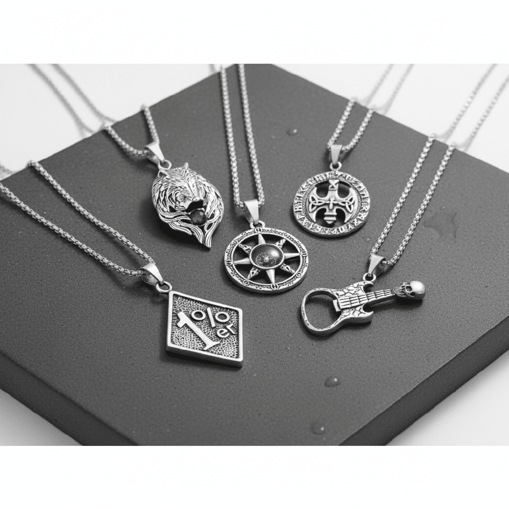 ROADIE’S ARSENAL High Stakes 5-Piece Collector's Pendant Set – SKULL GUITAR, VINTAGE AXE, RUBY FOX, DIRECTIONAL STAR, & 1% - PENDANT Necklaces on 24 Inch Stainless Steel Chain for Mens and Boys - THE MEN THING