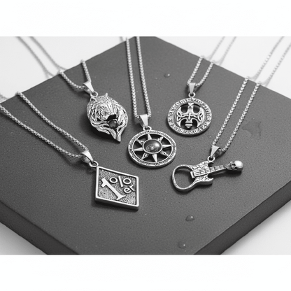 ROADIE’S ARSENAL High Stakes 5-Piece Collector's Pendant Set – SKULL GUITAR, VINTAGE AXE, RUBY FOX, DIRECTIONAL STAR, & 1% - PENDANT Necklaces on 24 Inch Stainless Steel Chain for Mens and Boys - THE MEN THING