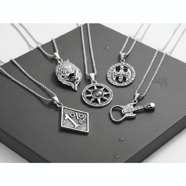 ROADIE’S ARSENAL High Stakes 5-Piece Collector's Pendant Set – SKULL GUITAR, VINTAGE AXE, RUBY FOX, DIRECTIONAL STAR, & 1% - PENDANT Necklaces on 24 Inch Stainless Steel Chain for Mens and Boys