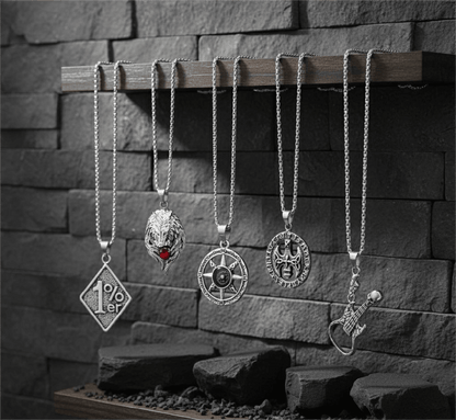 ROADIE’S ARSENAL High Stakes 5-Piece Collector's Pendant Set – SKULL GUITAR, VINTAGE AXE, RUBY FOX, DIRECTIONAL STAR, & 1% - PENDANT Necklaces on 24 Inch Stainless Steel Chain for Mens and Boys - THE MEN THING