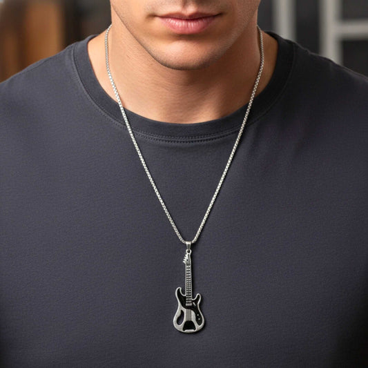 ROCKSTAR GUITAR - 27mm Pure Titanium Steel Pendant with 27inch Round Box 4mm Chain for Men & Boys — SS Pendant/ Necklace for Men | THE MEN THING