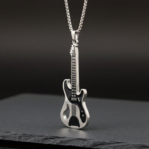 ROCKSTAR GUITAR - 27mm Pure Titanium Steel Pendant with 27inch Round Box 4mm Chain for Men & Boys