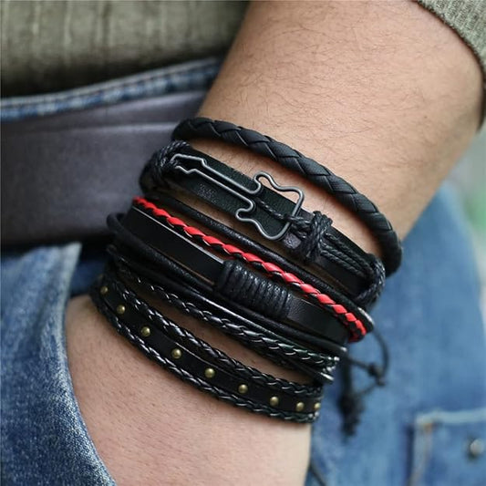 ROCKSTRAP -  5 Pcs Genuine Braided Leather Bracelet Set for Men & Boys (8 inch) - THE MEN THING