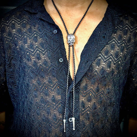 ROGER SKULL - Retro Alloy Pendant Bolo Tie | Adjustable Genuine Leather Cowboy Necktie Necklace for Men & Boys - THE MEN THING