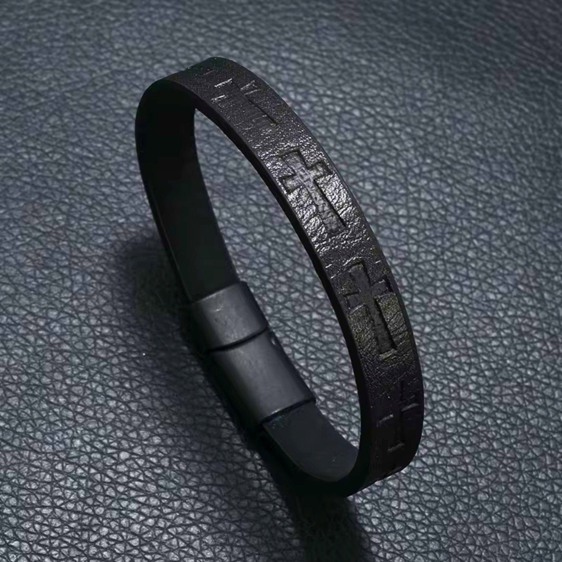 ROGUE BLACK CROSS - 10mm Genuine Leather Bracelet with Stainless Steel Magnetic Buckle for Men & Boys (8.5 inch) - THE MEN THING