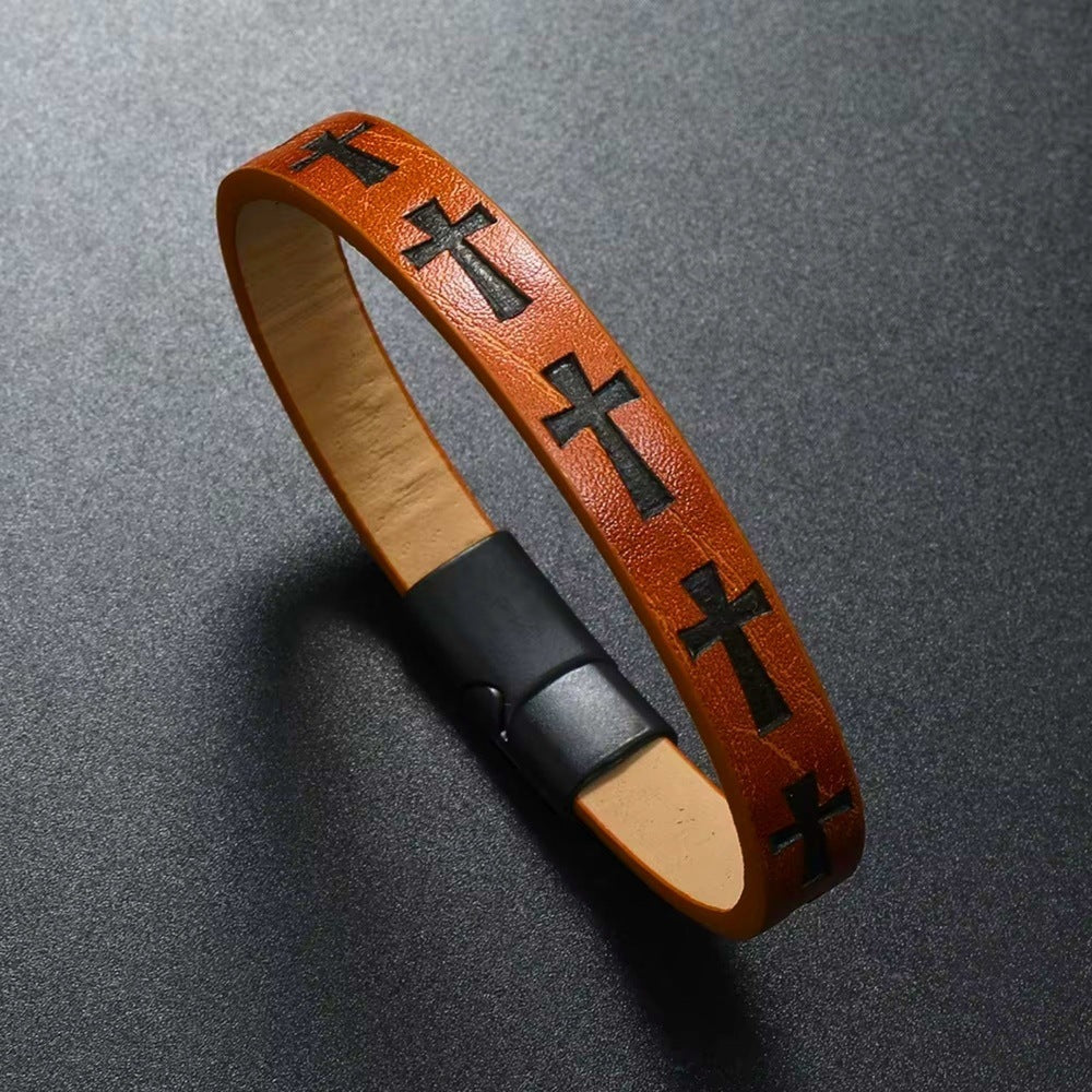 ROGUE BROWN CROSS - 10mm Genuine Leather Bracelet with Stainless Steel Magnetic Buckle for Men & Boys (8.5 inch) - THE MEN THING