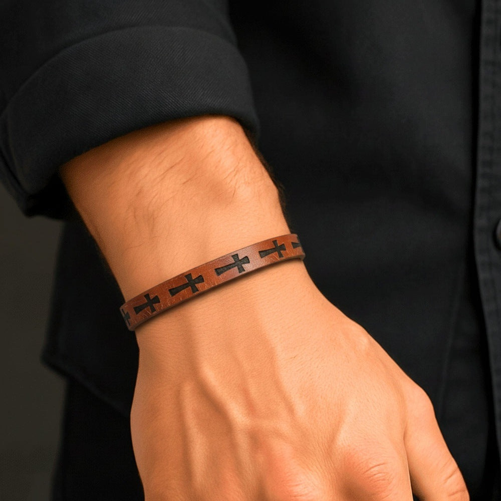 ROGUE BROWN CROSS - 10mm Genuine Leather Bracelet with Stainless Steel Magnetic Buckle for Men & Boys (8.5 inch) - THE MEN THING