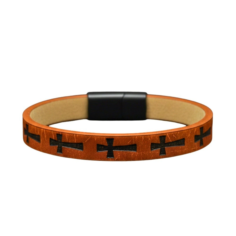 ROGUE BROWN CROSS - 10mm Genuine Leather Bracelet with Stainless Steel Magnetic Buckle for Men & Boys (8.5 inch) - THE MEN THING