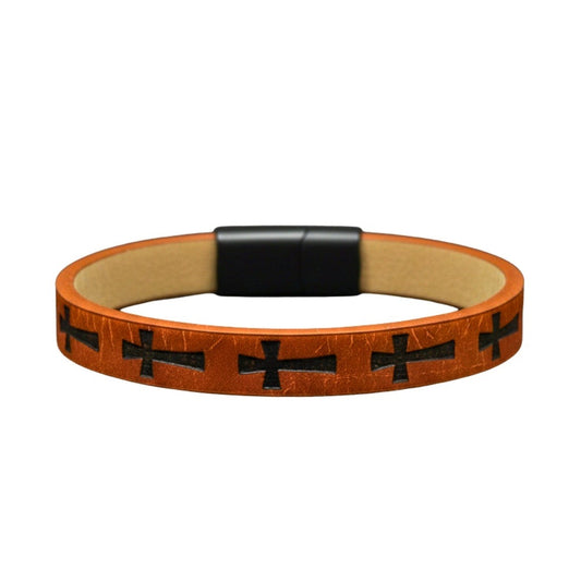 ROGUE BROWN CROSS - 10mm Genuine Leather Bracelet with Stainless Steel Magnetic Buckle for Men & Boys (8.5 inch) - THE MEN THING