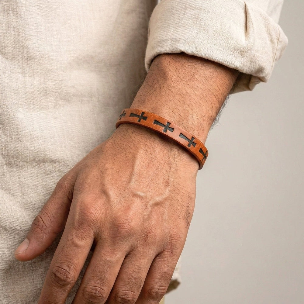 ROGUE BROWN CROSS - 10mm Genuine Leather Bracelet with Stainless Steel Magnetic Buckle for Men & Boys (8.5 inch) - THE MEN THING
