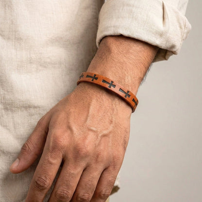 ROGUE BROWN CROSS - 10mm Genuine Leather Bracelet with Stainless Steel Magnetic Buckle for Men & Boys (8.5 inch) - THE MEN THING