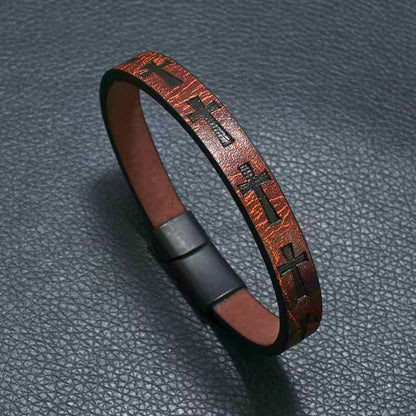 ROGUE DARK BROWN CROSS - 10mm Genuine Leather Bracelet with Stainless Steel Magnetic Buckle for Men & Boys (8.5 inch) - THE MEN THING