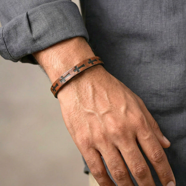 ROGUE DARK BROWN CROSS - 10mm Genuine Leather Bracelet with Stainless Steel Magnetic Buckle for Men & Boys (8.5 inch)