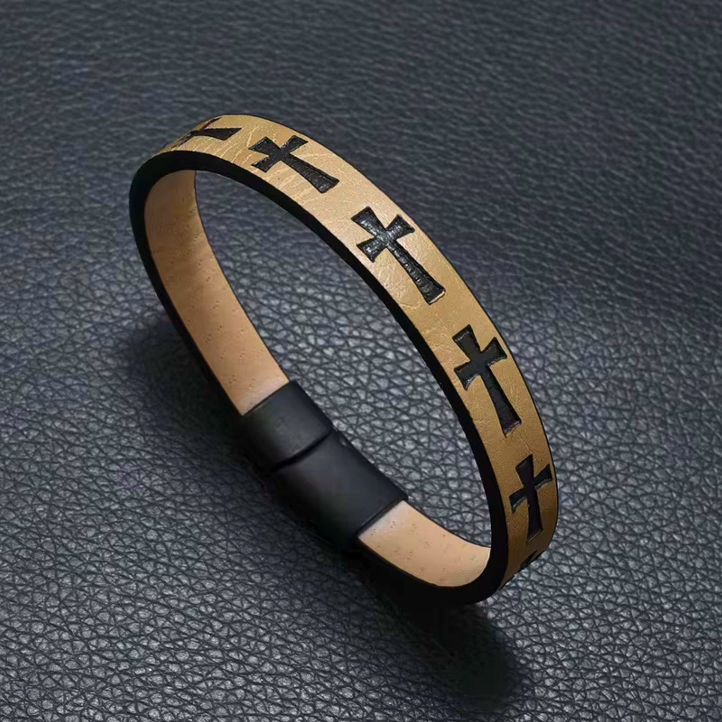 ROGUE DESERT TAUPE CROSS - 10mm Genuine Leather Bracelet with Stainless Steel Magnetic Buckle for Men & Boys (8.5 inch) - THE MEN THING