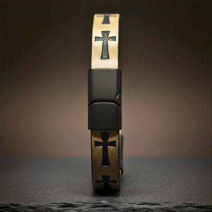 ROGUE DESERT TAUPE CROSS - 10mm Genuine Leather Bracelet with Stainless Steel Magnetic Buckle for Men & Boys (8.5 inch) - THE MEN THING