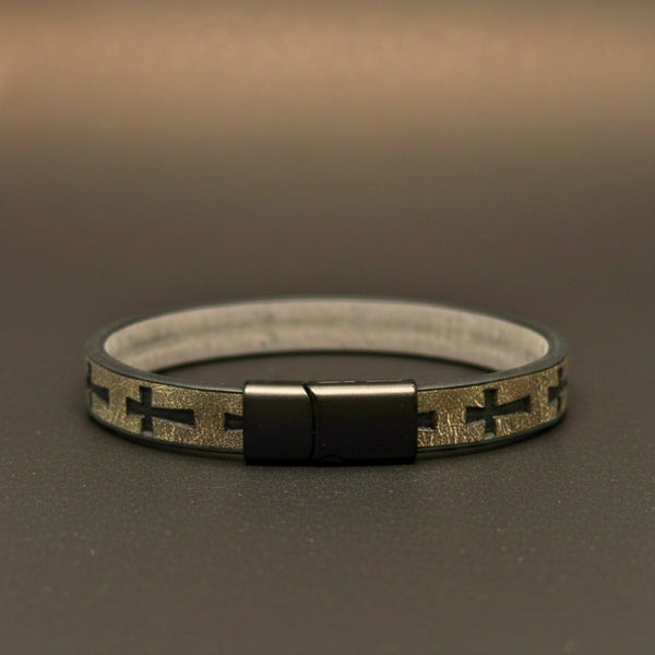 ROGUE GREY CROSS - 10mm Genuine Leather Bracelet with Stainless Steel Magnetic Buckle for Men & Boys (8.5 inch)
