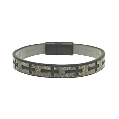 ROGUE GREY CROSS - 10mm Genuine Leather Bracelet with Stainless Steel Magnetic Buckle for Men & Boys (8.5 inch) - THE MEN THING
