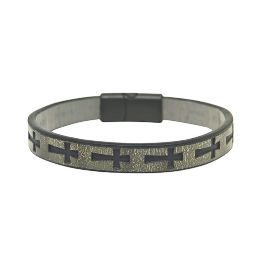 ROGUE GREY CROSS - 10mm Genuine Leather Bracelet with Stainless Steel Magnetic Buckle for Men & Boys (8.5 inch) - THE MEN THING