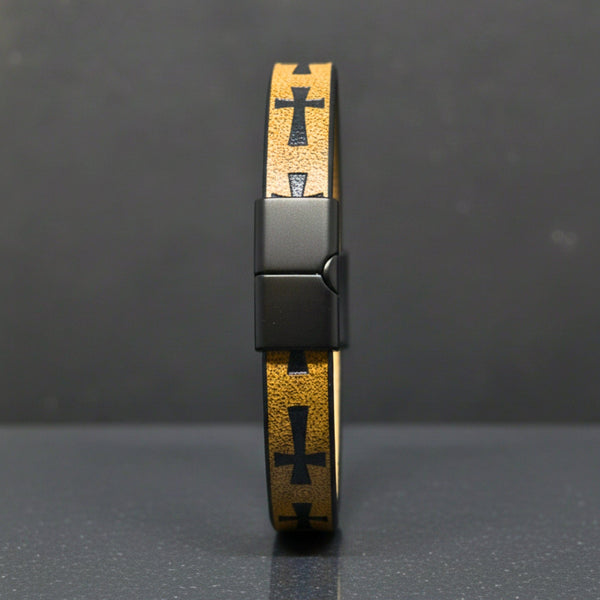 ROGUE MUSTARD YELLOW CROSS - 10mm Genuine Leather Bracelet with Stainless Steel Magnetic Buckle for Men & Boys (8.5 inch)