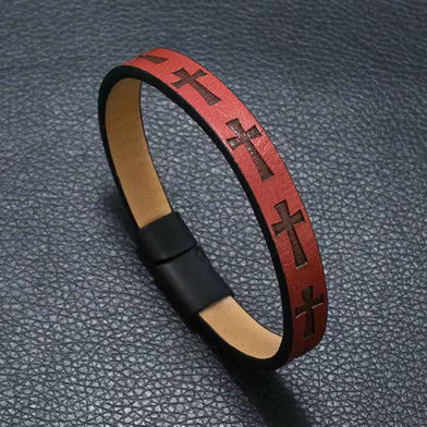 ROGUE RED CROSS - 10mm Genuine Leather Bracelet with Stainless Steel Magnetic Buckle for Men & Boys (8.5 inch)