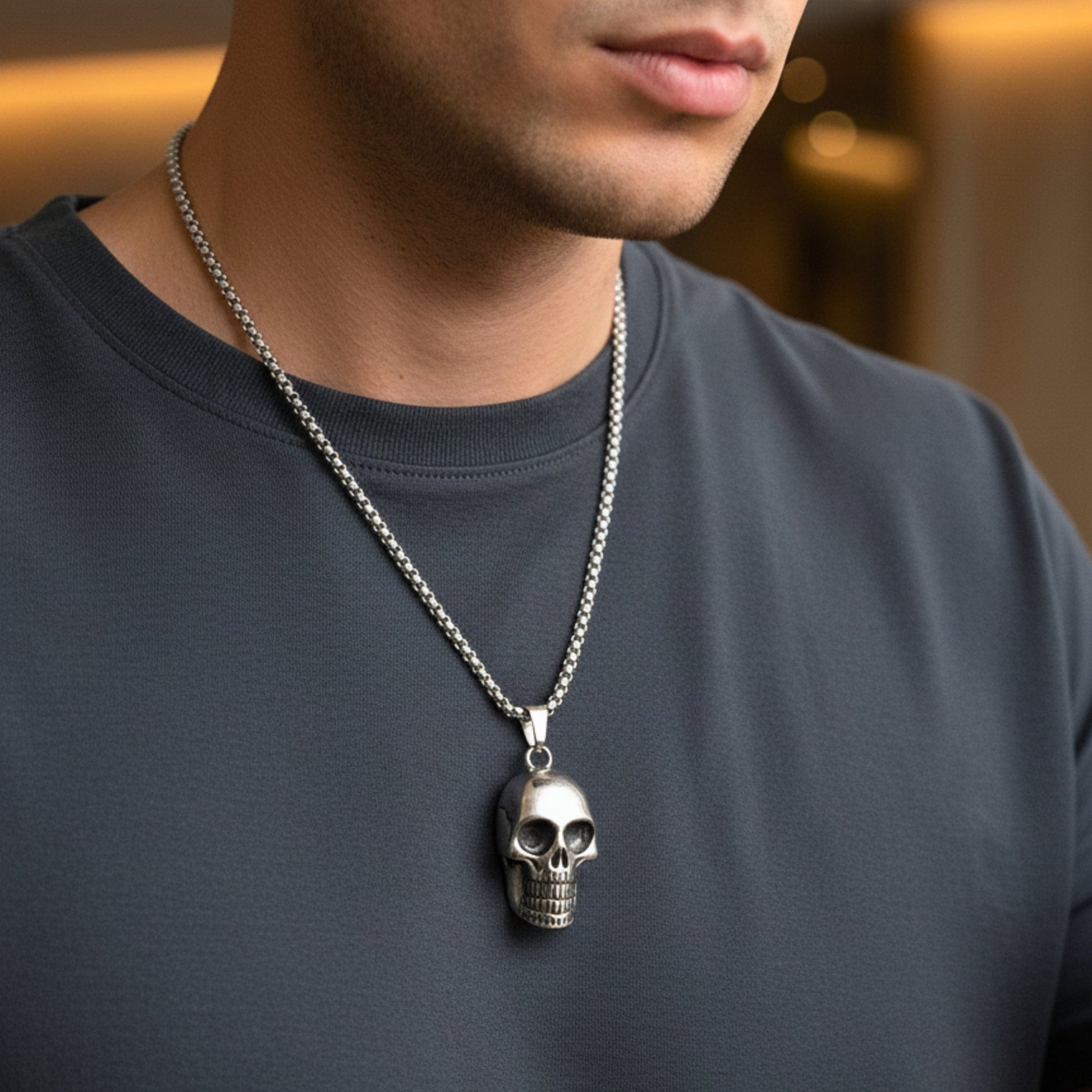 ROGUE SKULL - 20mm Titanium Steel Pendant with 24inch Round Box 5mm Chain for Men & Boys - THE MEN THING