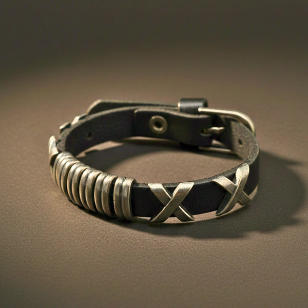 ROGUE X - 10mm Black Genuine Leather Adjustable Bracelet for Men & Boys (9.8 inch)
