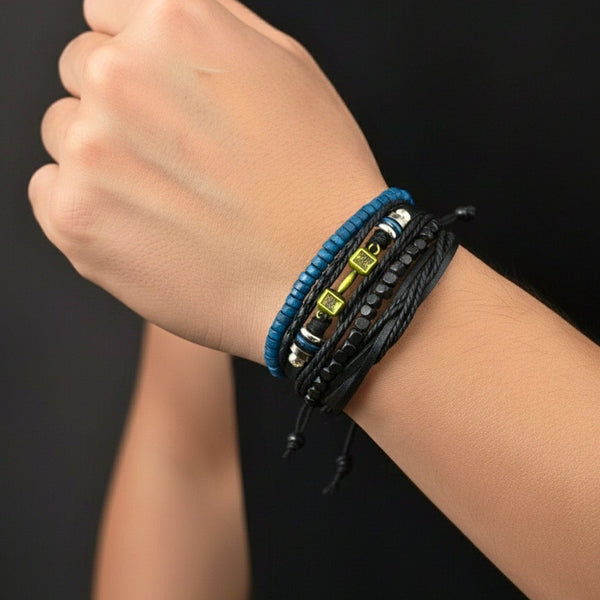 ROGUEFIT - 4 Pcs Genuine Leather Adjustable Bracelet Set for Men & Boys (8 inch)