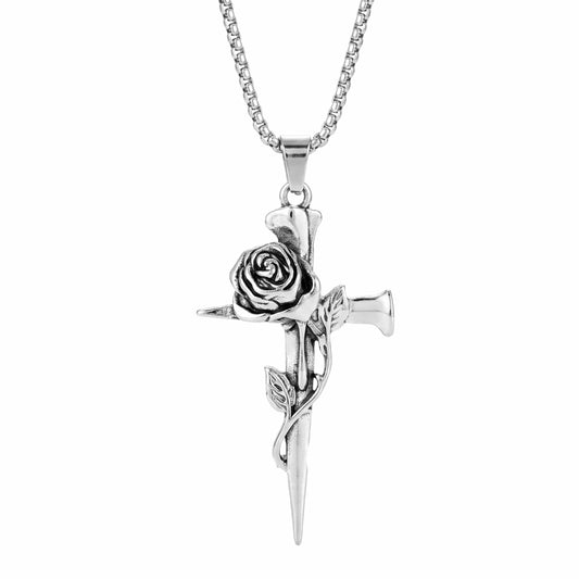 ROSE CROSS - 32mm Pure Titanium Steel Pendant with 28inch Round Box 4mm Chain for Men & Boys - THE MEN THING